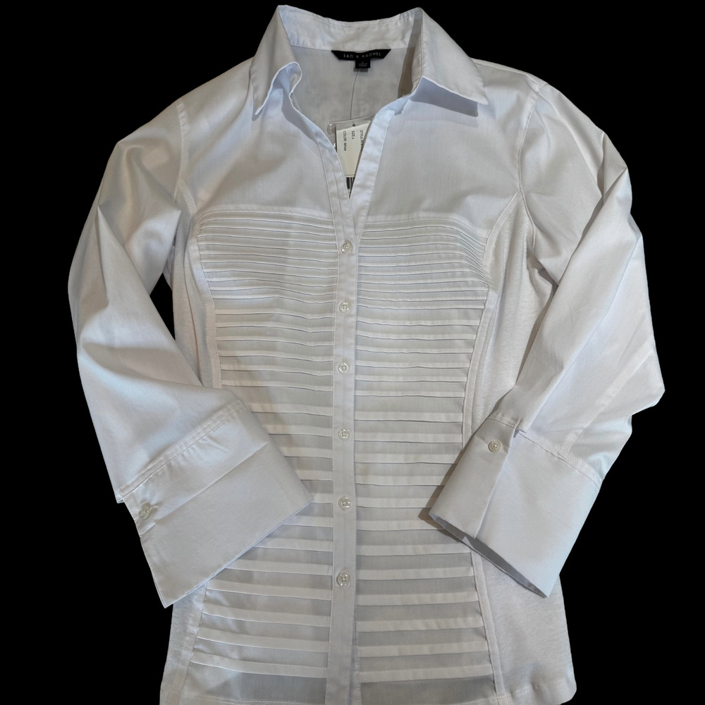 Zac & Rachel Pleated Front Button White Blouse Womens Lg Comfort Fit Side Panels